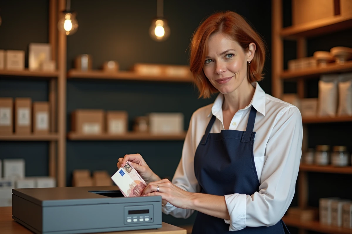 Commerçante déposant des billets en euros dans une caisse sécurisée à clavier numérique dans sa boutique