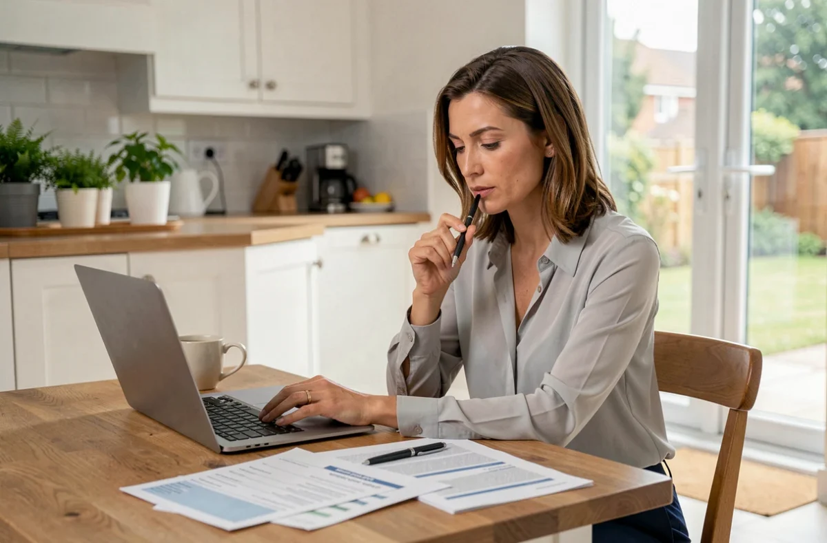Femme comparant des offres d'assurance emprunteur sur son ordinateur à domicile
