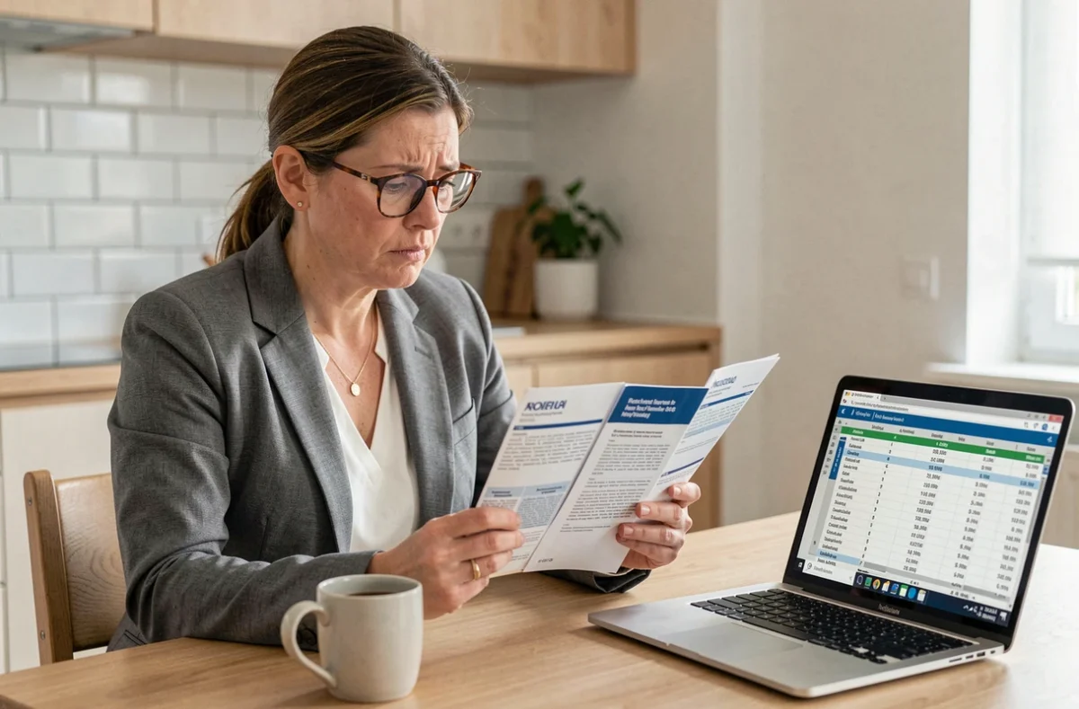Femme comparant les frais de SCPI logées en assurance vie à domicile