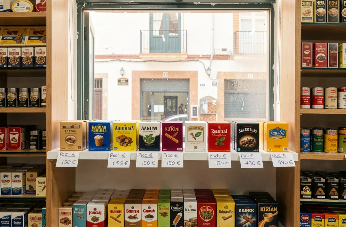 Présentoir de packs de cigarettes avec étiquettes de prix en euros dans un estanco andalou, montrant les différences de tarifs du tabac selon les régions espagnoles