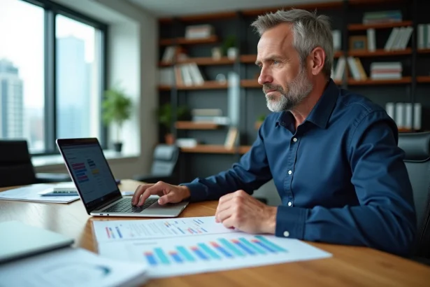Analyste financier comparant trois scénarios de retour sur investissement sur des graphiques imprimés et un ordinateur portable au bureau