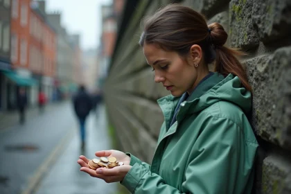 Jeune femme comptant des euros en espèces dans sa main dans une rue pavée de Dublin sous un ciel nuageux