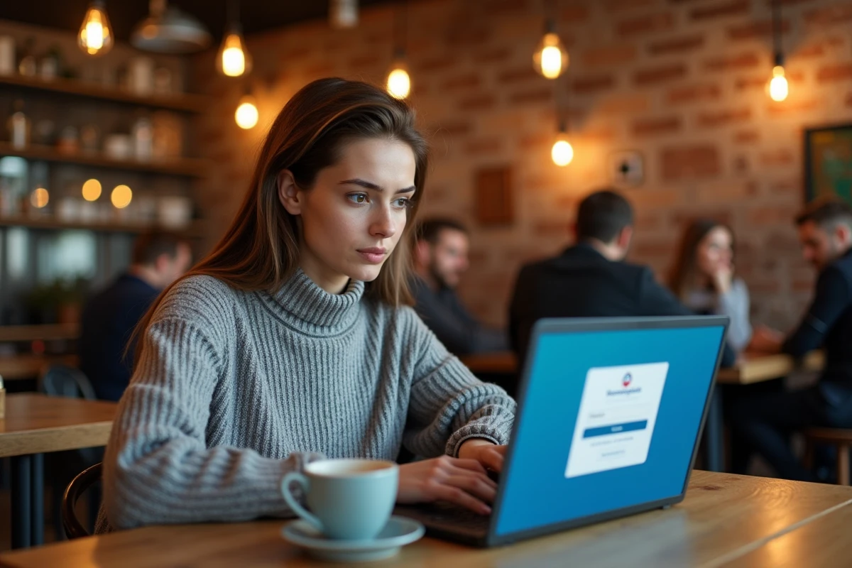 Jeune femme dans un café tentant de se connecter à l'espace client BPVF Banque Populaire Val de France sur son ordinateur portable