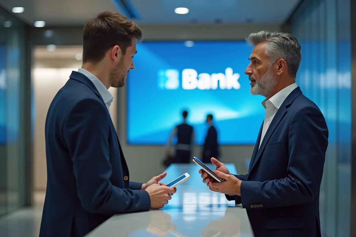 Client et conseiller bancaire discutant de la gestion de compte en agence avec une tablette numérique