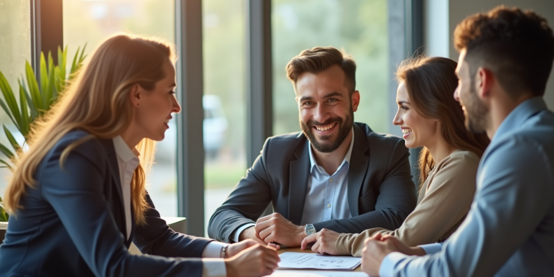 Conseiller financier rencontrant un couple dans un bureau moderne