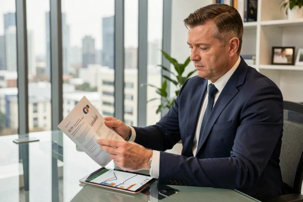 Conseiller financier analysant les frais de SCPI en assurance vie dans un bureau moderne