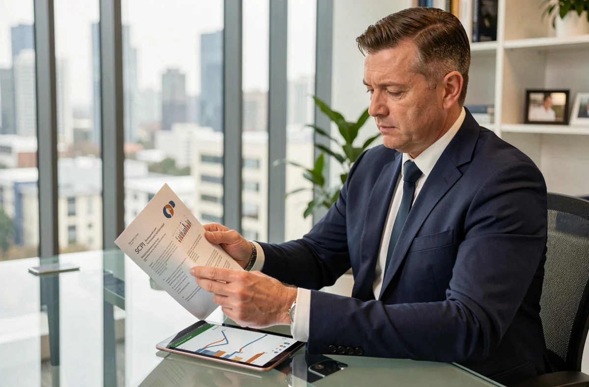 Conseiller financier analysant les frais de SCPI en assurance vie dans un bureau moderne