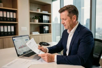 Conseiller financier analysant des documents de SCPI et une assurance vie dans un bureau moderne