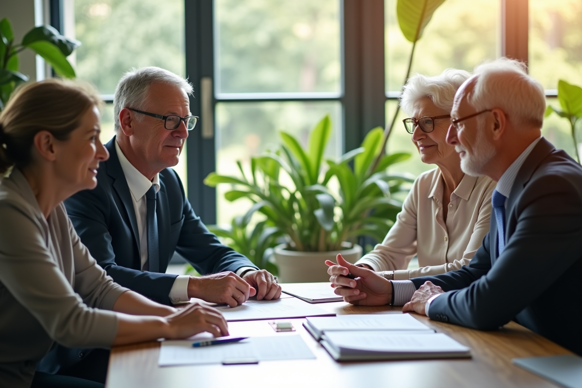 Conseiller financier expliquant options pension aux seniors