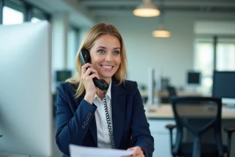 Conseillère en assurance ACM IARD au téléphone dans un bureau professionnel moderne