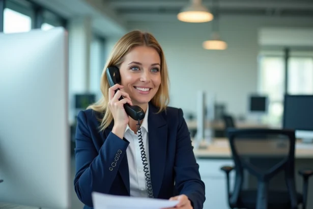Conseillère en assurance ACM IARD au téléphone dans un bureau professionnel moderne