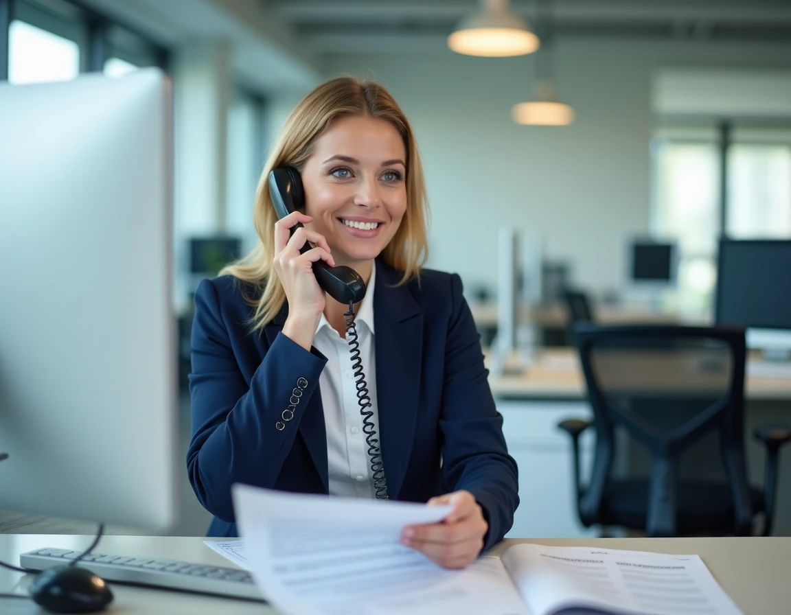 Conseillère en assurance ACM IARD au téléphone dans un bureau professionnel moderne