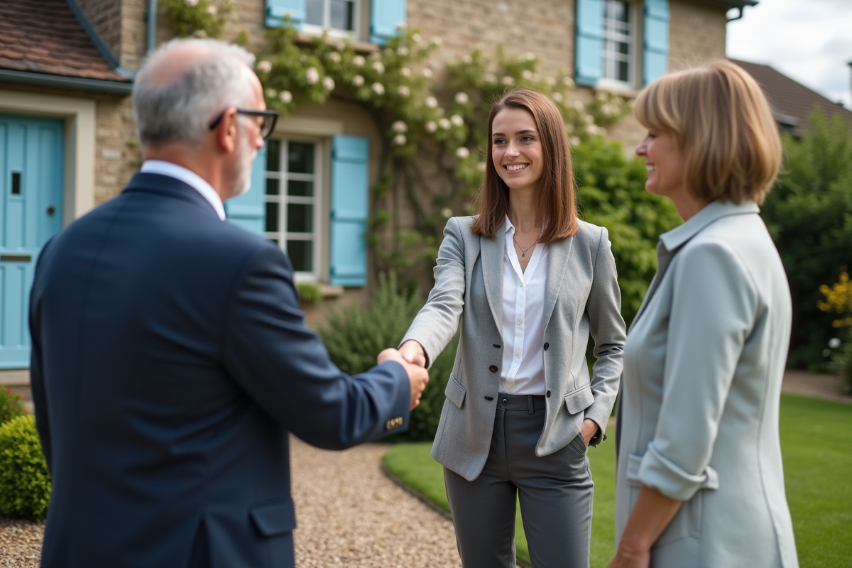 Jeune femme agent immobilier serrant la main de clients devant une maison