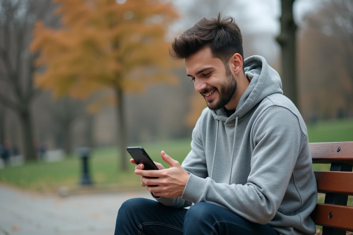 Jeune homme consultant ses relevés bancaires et transactions par carte sur smartphone dans un parc urbain