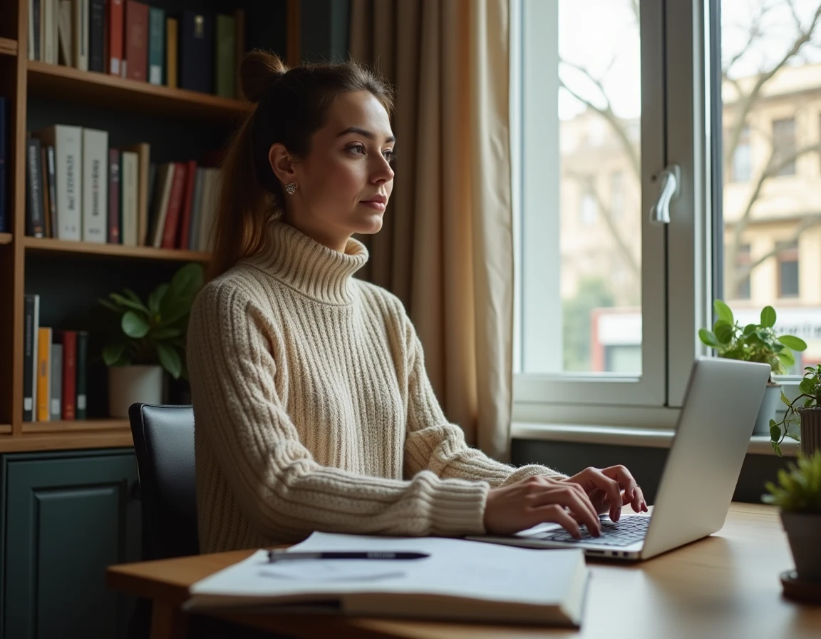 Femme contactant l'assurance ACM IARD par email depuis un bureau à domicile