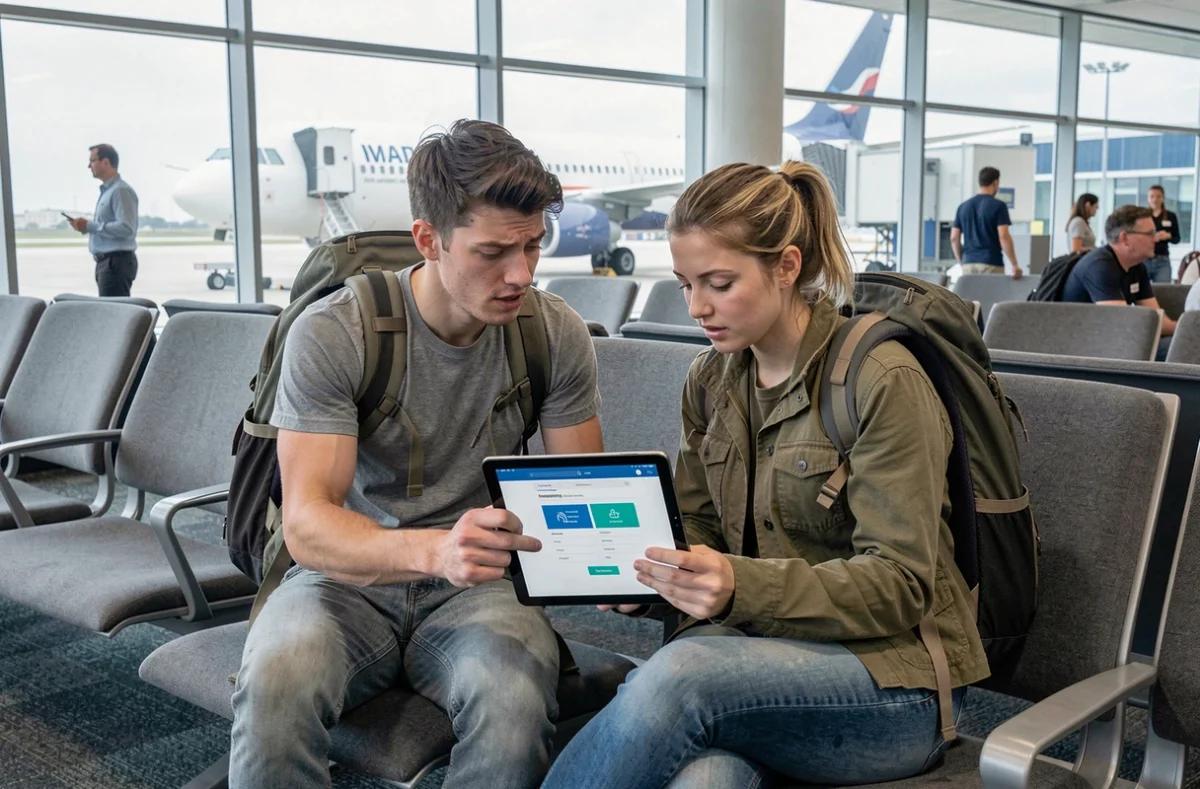 Couple de voyageurs consultant les options d'assurance Ryanair sur une tablette dans une salle d'embarquement