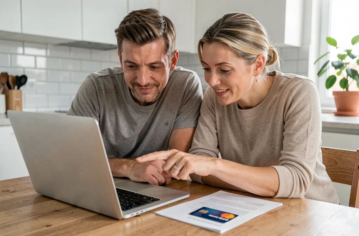 Couple préparant leur voyage en consultant l'attestation d'assurance Mastercard sur ordinateur portable