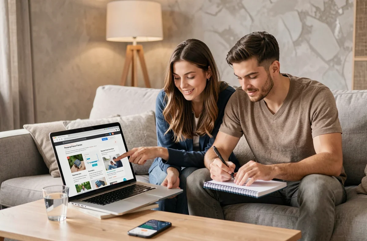 Couple consultant ensemble un blog de finances personnelles sur ordinateur portable dans leur salon