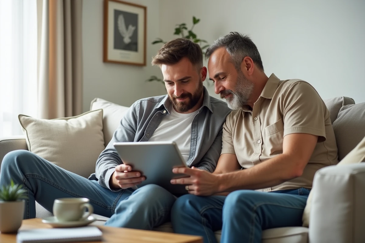 Couple comparant les taux bancaires sur une tablette dans leur salon