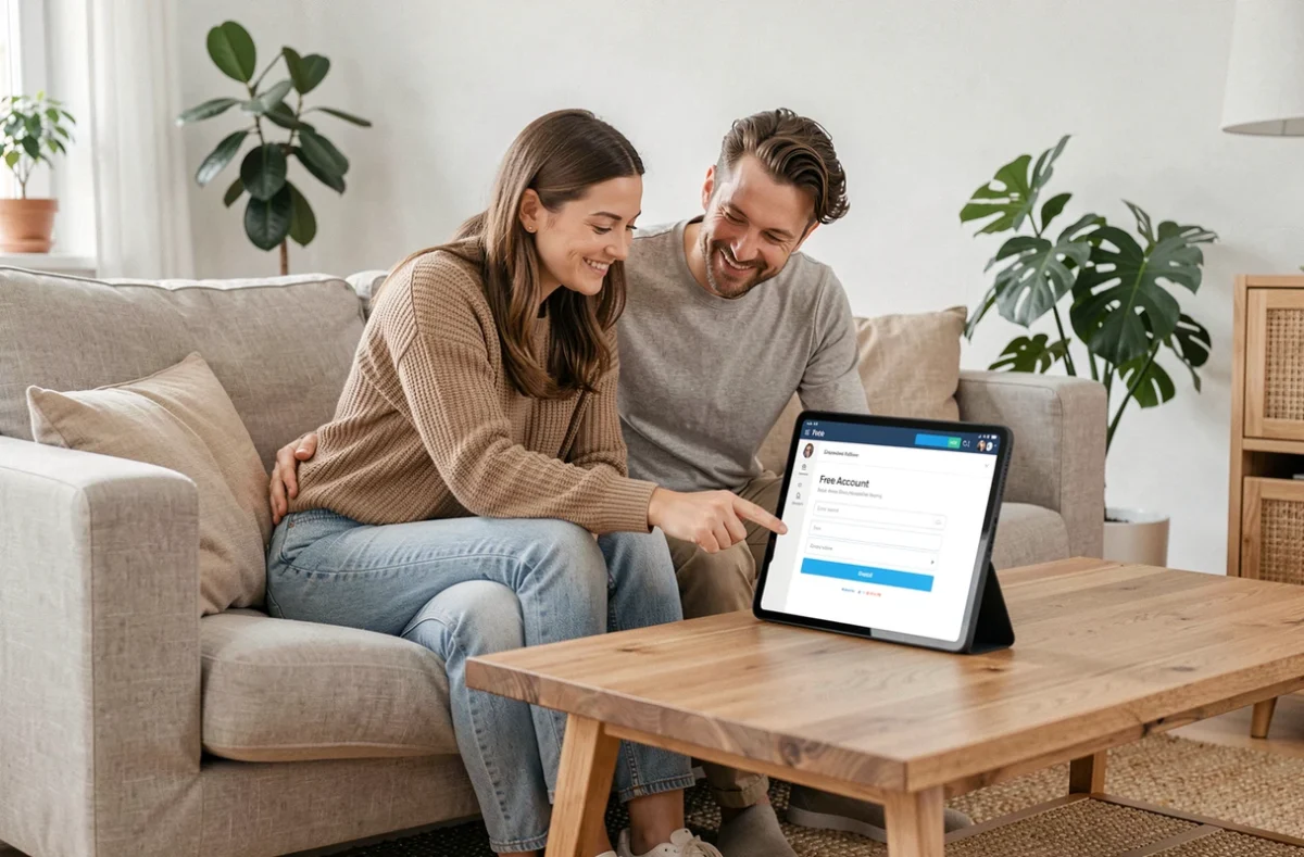 Couple configurant ensemble le prélèvement automatique de leur abonnement Free sur une tablette dans leur salon