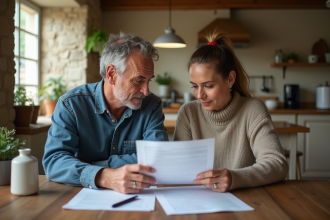 Couple français à la cuisine en train de revoir des papiers