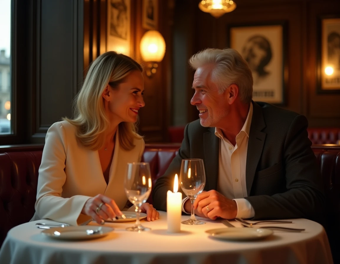 Couple élégant attablé dans un restaurant parisien de luxe, évoquant le style de vie raffiné de Tony Scotti et Sylvie Vartan