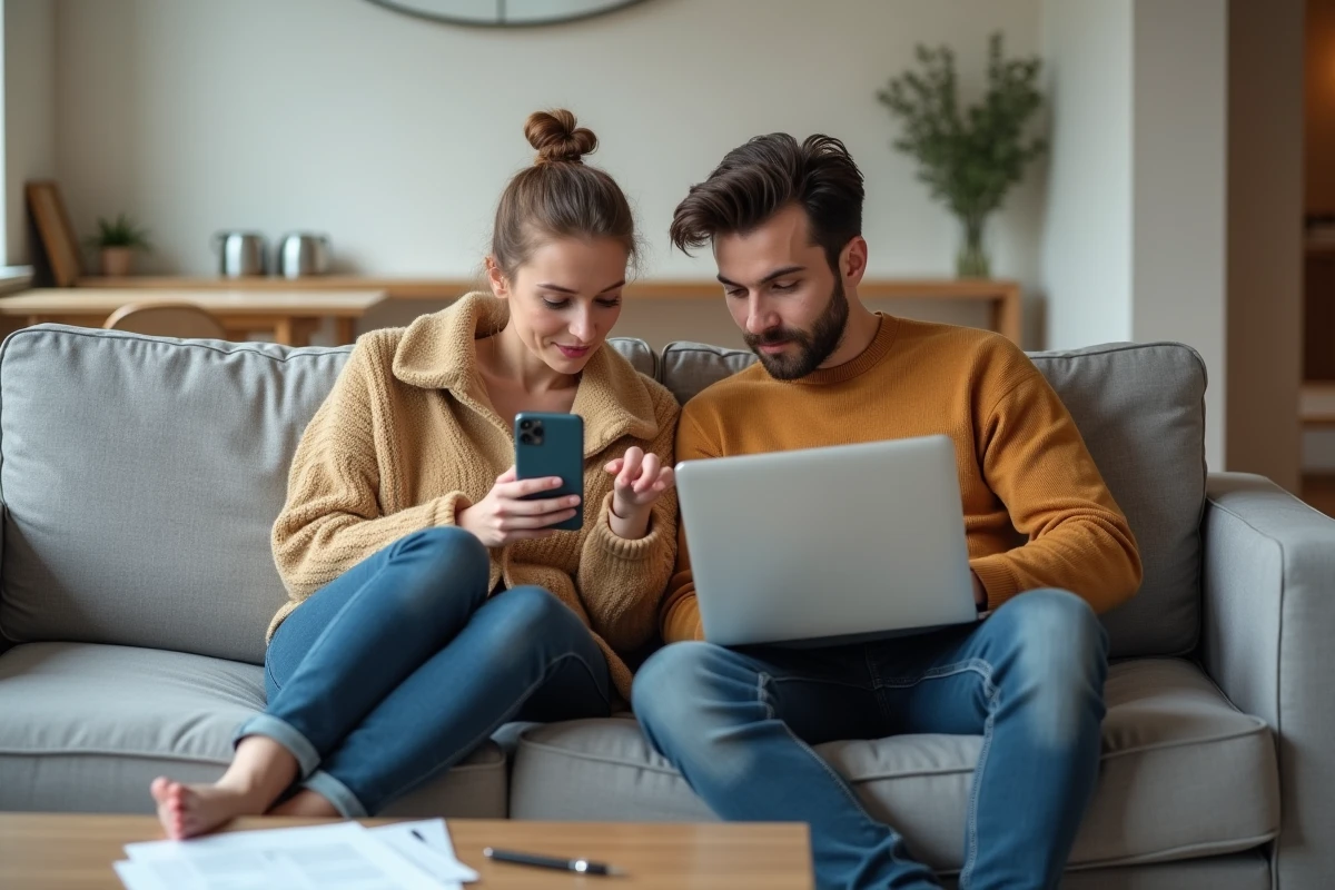 Couple gérant le paiement anticipé de la facture Free Mobile ensemble sur canapé pour éviter les impayés