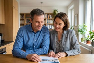 Couple d adultes étudie brochure d'investissement SCPI dans une cuisine lumineuse