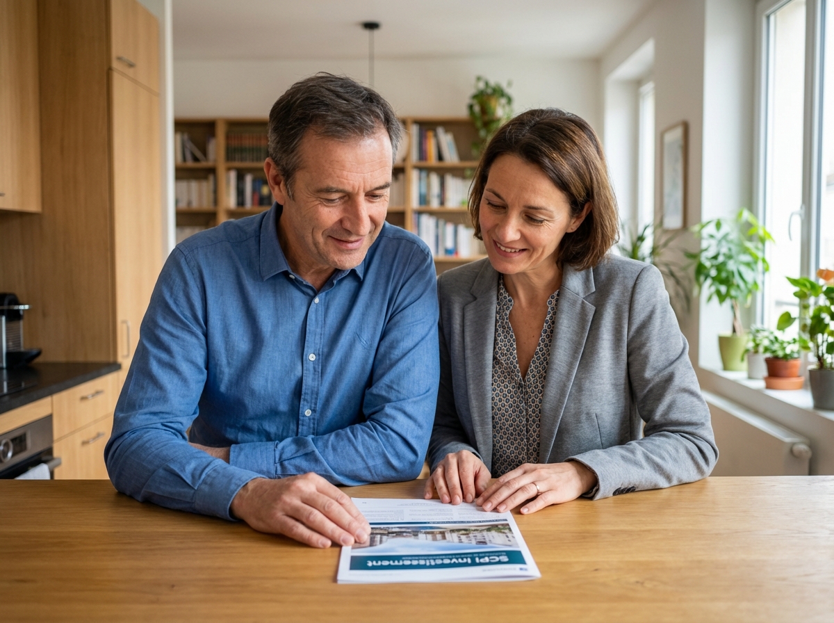 Couple d adultes étudie brochure d'investissement SCPI dans une cuisine lumineuse