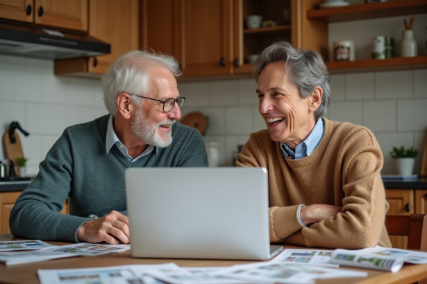 Couple discutant autour de brochures immobilières à la maison