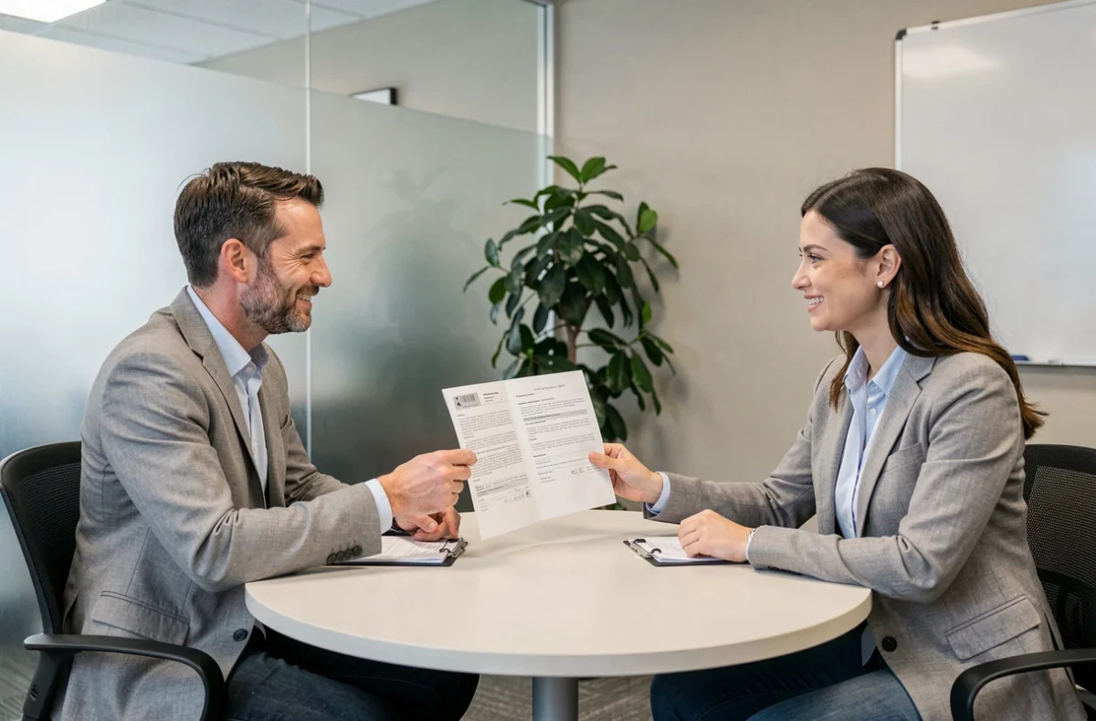 Couple en rendez-vous avec un courtier pour comparer des offres d'assurance de prêt immobilier