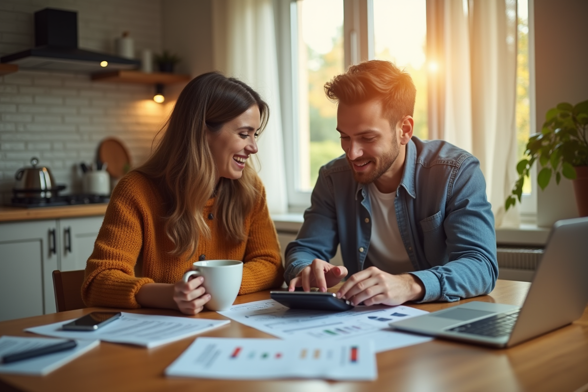 Jeune couple à la cuisine avec papiers et ordinateur pour un prêt immobilier