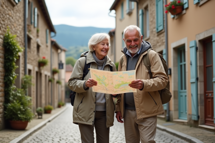 Couple retire souriant dans un village français calme