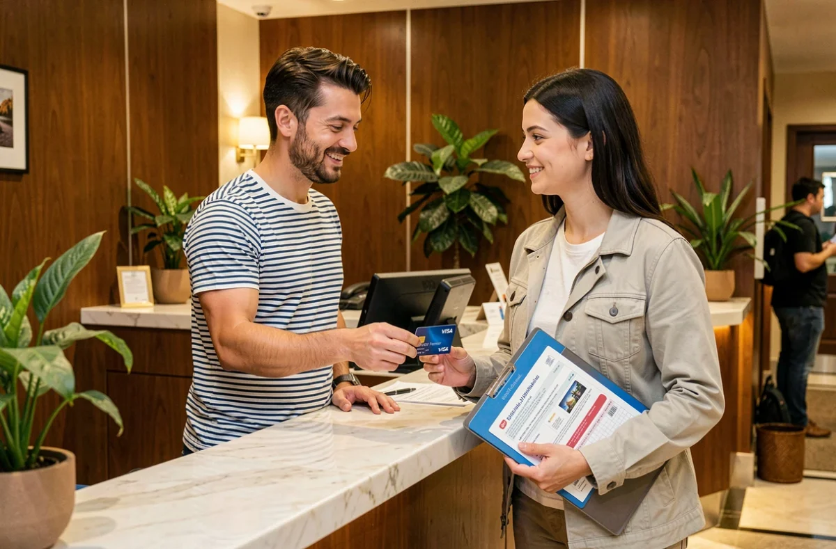Couple utilisant une carte Visa Premier à la réception d'un hôtel avec attestation d'assurance voyage
