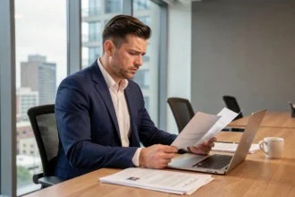 Courtier en assurance emprunteur analysant des documents de comparaison dans un bureau moderne
