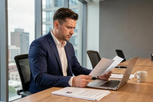 Courtier en assurance emprunteur analysant des documents de comparaison dans un bureau moderne