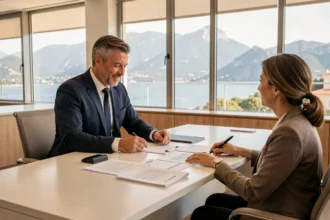 Courtier en crédit immobilier dans les Alpes-Maritimes conseillant un couple dans un bureau moderne avec vue sur la Côte d'Azur