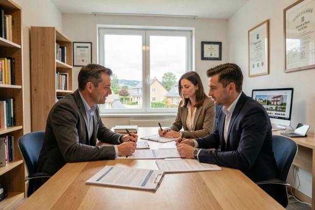 Courtier en crédit immobilier conseillant un couple dans un bureau professionnel du Val-d'Oise