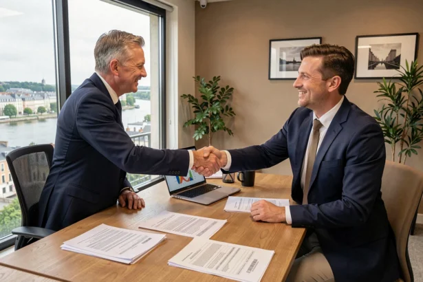 Un conseiller en assurance serre la main d'un client dans un bureau moderne avec vue sur Nantes et la Loire en arrière-plan