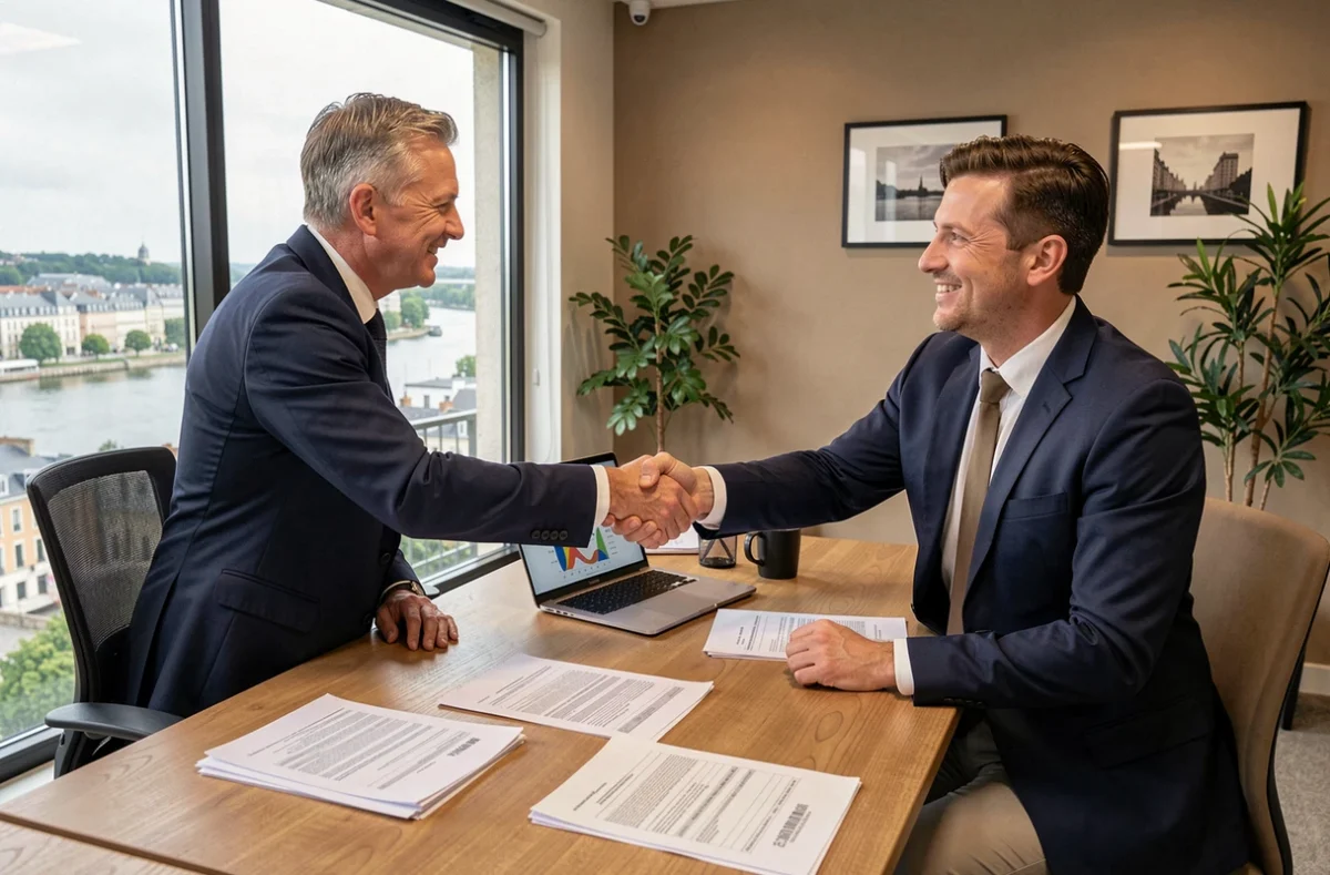Un conseiller en assurance serre la main d'un client dans un bureau moderne avec vue sur Nantes et la Loire en arrière-plan