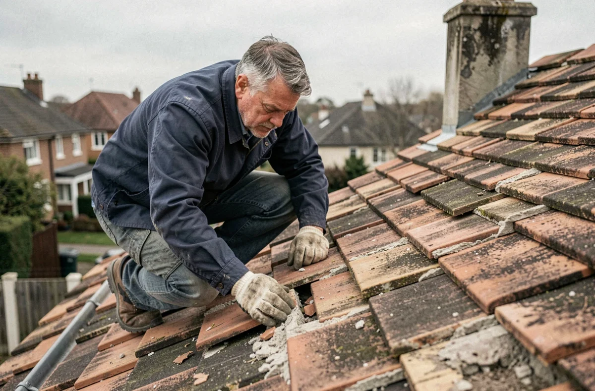 Couvreur inspectant des tuiles endommagées sur un toit de maison individuelle dans le cadre d'un sinistre couvert par la garantie décennale