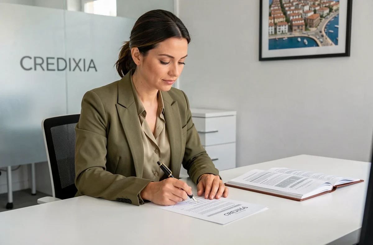Conseillère CREDIXIA annotant un dossier de simulation de prêt immobilier dans un bureau épuré