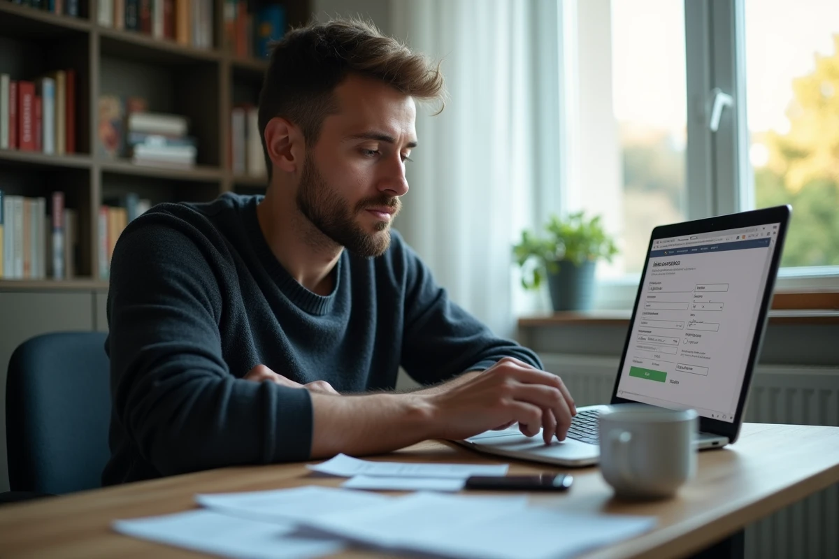 Homme à domicile remplissant sa déclaration d'impôt en ligne avec des reçus de frais de repas
