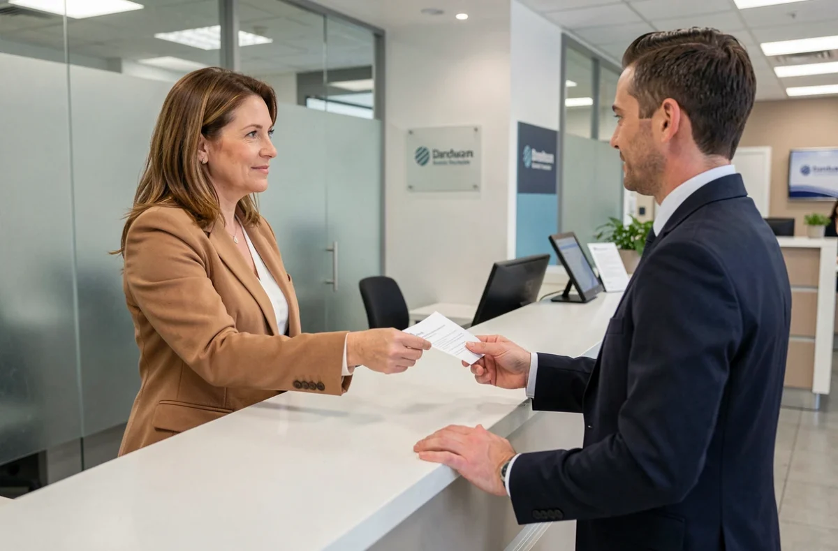 Cliente déposant une demande de remboursement auprès d'un conseiller bancaire en agence