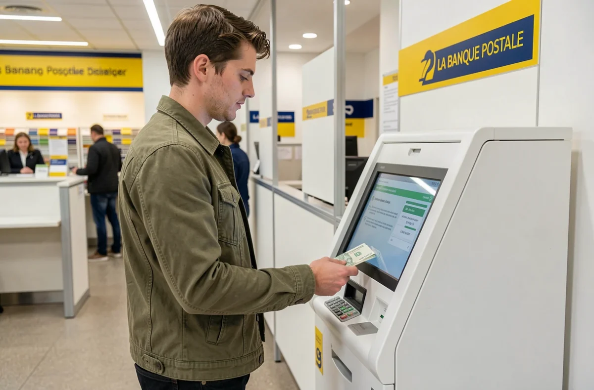 Jeune homme effectuant un dépôt d'espèces à une borne libre-service La Banque Postale dans un bureau de poste moderne