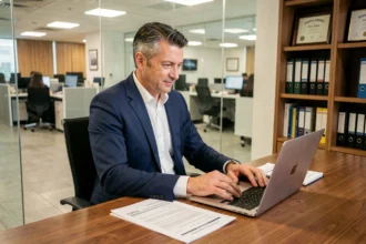Directeur d'agence bancaire en costume marine analysant des rapports financiers dans son bureau vitré avec vue sur l'open space