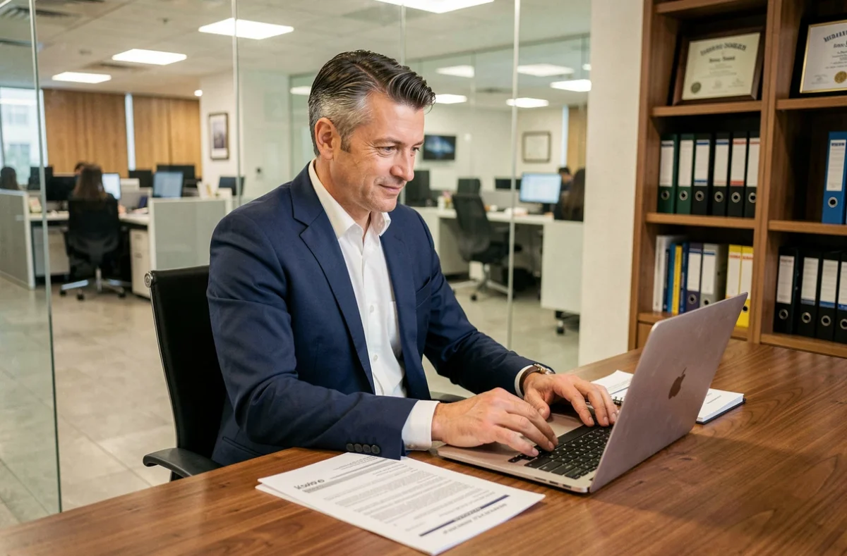 Directeur d'agence bancaire en costume marine analysant des rapports financiers dans son bureau vitré avec vue sur l'open space