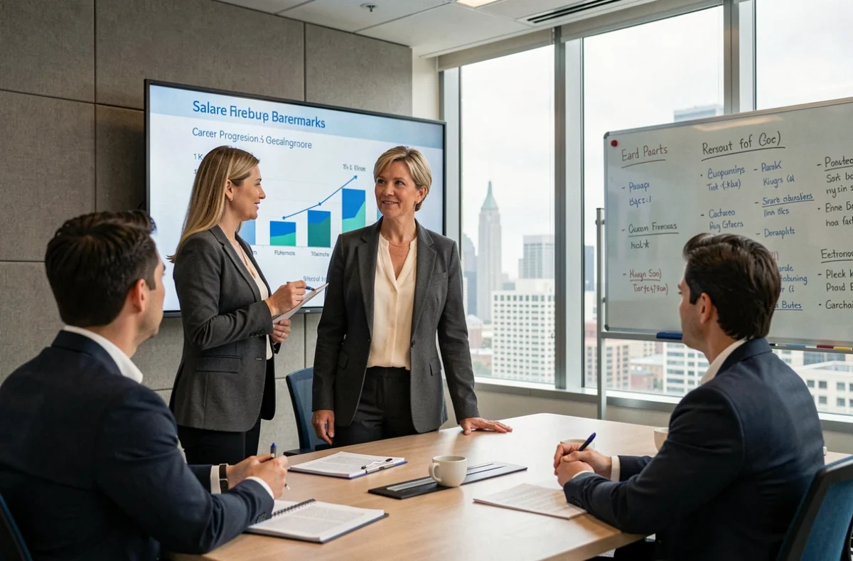 Directrice d'agence bancaire présentant des perspectives salariales et d'évolution de carrière lors d'une réunion professionnelle