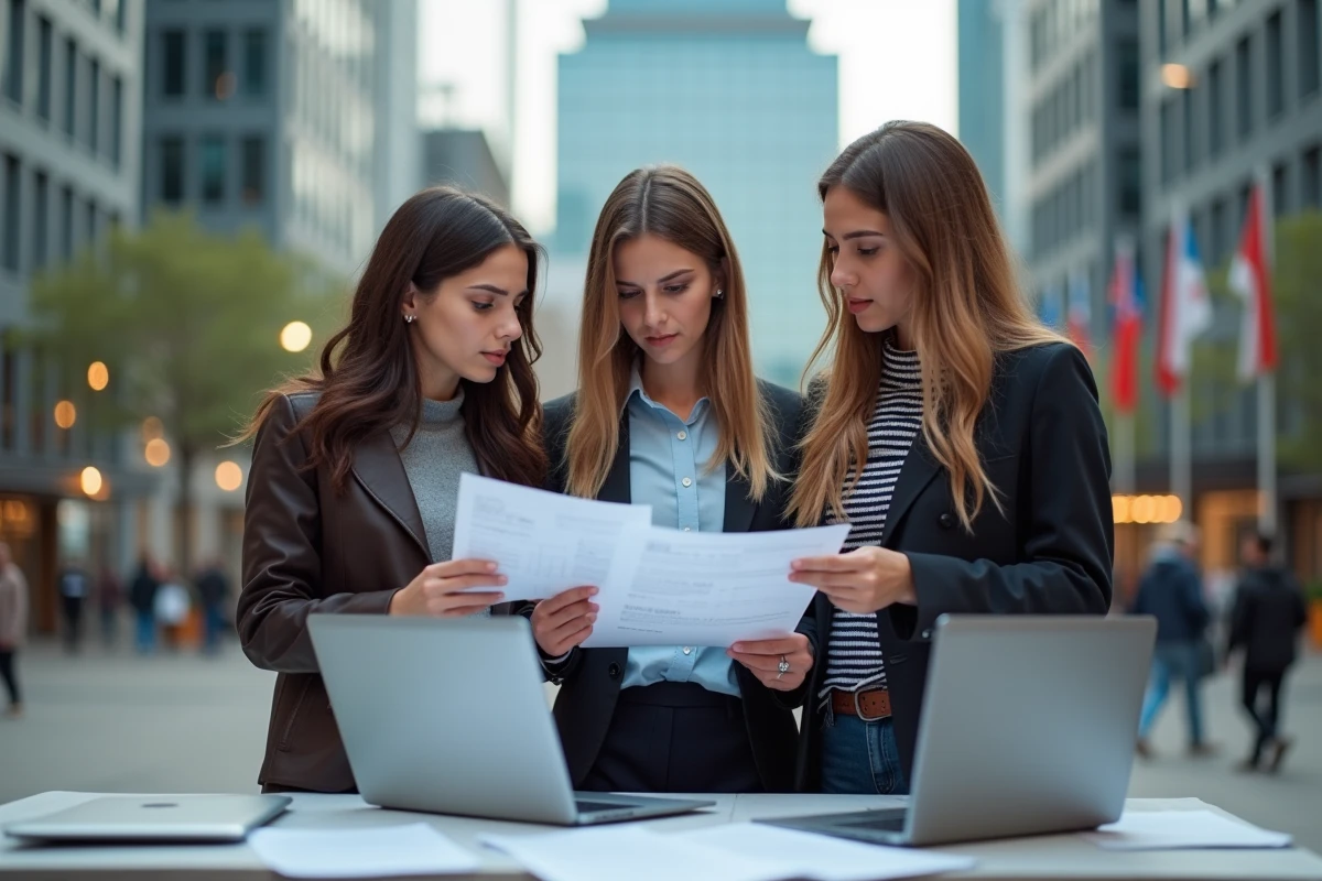 Groupe de jeunes discutant de données économiques en extérieur
