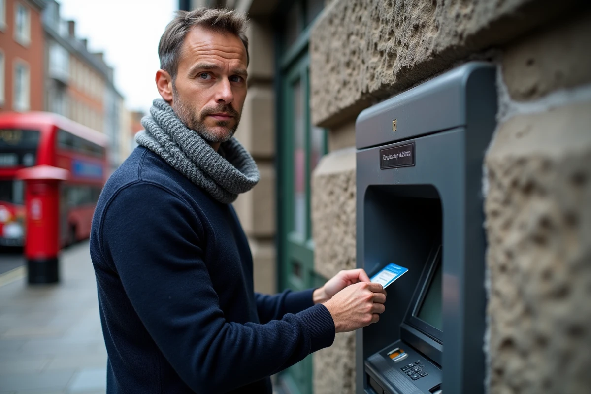 Homme retirant de l'argent à un distributeur automatique intégré dans un mur en pierre à Dublin
